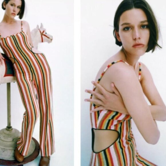 Zara Crochet Terrycloth Vertical Striped Cutout Blogger Fave Jumpsuit New Large - Picture 4 of 16